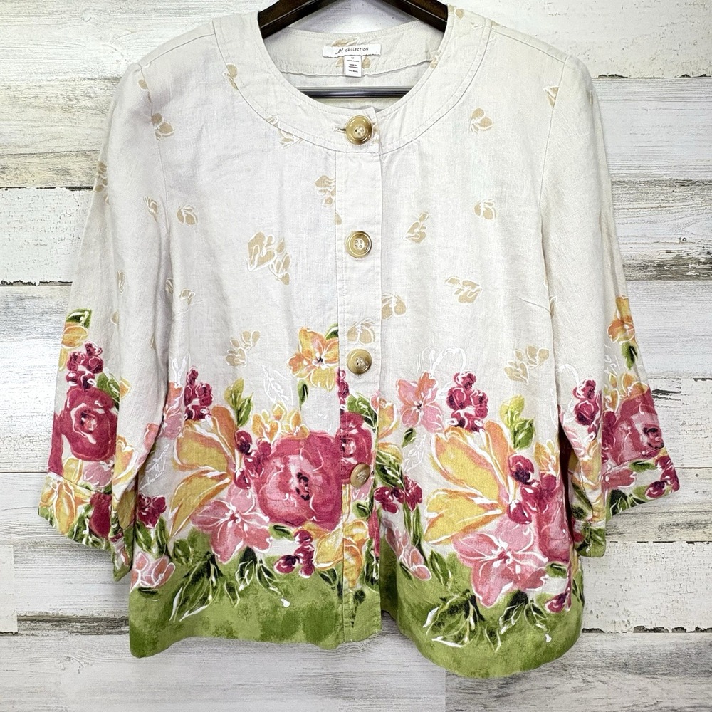 JM Collection Light Tan Pink Floral Button Up 3/4 Slv 100% Linen Jacket Size 12